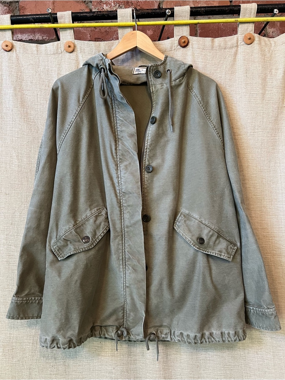 Madewell military utility hooded coat unlined cotton blend canvas olive green M